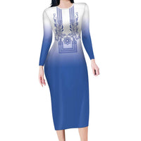 Philippines Barong Style Long Sleeve Bodycon Dress with Polynesian Art and Leaf Motif Blue Color LT03 Long Dress Blue - Polynesian Pride