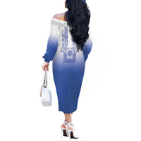 Philippines Barong Style Off The Shoulder Long Sleeve Dress with Polynesian Art and Leaf Motif Blue Color LT03 - Polynesian Pride