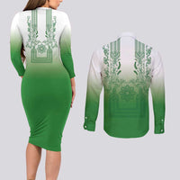 Philippines Barong Style Couples Matching Long Sleeve Bodycon Dress and Long Sleeve Button Shirt with Polynesian Art and Leaf Motif Green Color
