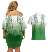 Philippines Barong Style Couples Matching Off Shoulder Short Dress and Hawaiian Shirt with Polynesian Art and Leaf Motif Green Color