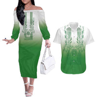 Philippines Barong Style Couples Matching Off The Shoulder Long Sleeve Dress and Hawaiian Shirt with Polynesian Art and Leaf Motif Green Color