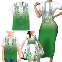 Philippines Barong Style Family Matching Short Sleeve Bodycon Dress and Hawaiian Shirt with Polynesian Art and Leaf Motif Green Color LT03 - Polynesian Pride