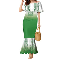 Philippines Barong Style Mermaid Dress with Polynesian Art and Leaf Motif Green Color LT03 Women Green - Polynesian Pride