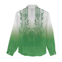 Philippines Barong Style Women Casual Shirt with Polynesian Art and Leaf Motif Green Color LT03 - Polynesian Pride