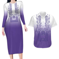 Philippines Barong Style Couples Matching Long Sleeve Bodycon Dress and Hawaiian Shirt with Polynesian Art and Leaf Motif Purple Color LT03 Purple - Polynesian Pride