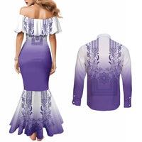 Philippines Barong Style Couples Matching Mermaid Dress and Long Sleeve Button Shirt with Polynesian Art and Leaf Motif Purple Color