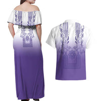 Philippines Barong Style Couples Matching Off Shoulder Maxi Dress and Hawaiian Shirt with Polynesian Art and Leaf Motif Purple Color
