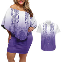 Philippines Barong Style Couples Matching Off Shoulder Short Dress and Hawaiian Shirt with Polynesian Art and Leaf Motif Purple Color