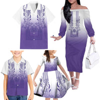 Philippines Barong Style Family Matching Off The Shoulder Long Sleeve Dress and Hawaiian Shirt with Polynesian Art and Leaf Motif Purple Color LT03 - Polynesian Pride