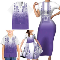 Philippines Barong Style Family Matching Short Sleeve Bodycon Dress and Hawaiian Shirt with Polynesian Art and Leaf Motif Purple Color LT03 - Polynesian Pride