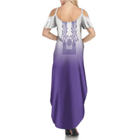 Philippines Barong Style Summer Maxi Dress with Polynesian Art and Leaf Motif Purple Color LT03 - Polynesian Pride