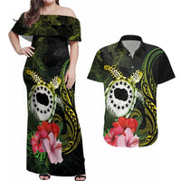 Kia Orana Cook Islands Couples Matching Off Shoulder Maxi Dress and Hawaiian Shirt Turtle and Hibiscus Polynesian Pattern LT03 Yellow - Polynesian Pride