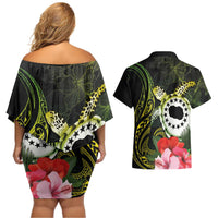 Kia Orana Cook Islands Couples Matching Off Shoulder Short Dress and Hawaiian Shirt Turtle and Hibiscus Polynesian Pattern LT03 - Polynesian Pride