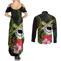 Kia Orana Cook Islands Couples Matching Summer Maxi Dress and Long Sleeve Button Shirt Turtle and Hibiscus Polynesian Pattern