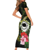 Kia Orana Cook Islands Short Sleeve Bodycon Dress Turtle and Hibiscus Polynesian Pattern