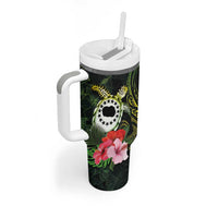 Kia Orana Cook Islands Tumbler With Handle Turtle and Hibiscus Polynesian Pattern