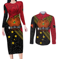 Papua new Guinea Goroka Show Couples Matching Long Sleeve Bodycon Dress and Long Sleeve Button Shirt Bird-of-paradise and Melanesian Tattoo Pattern