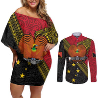 Papua new Guinea Goroka Show Couples Matching Off Shoulder Short Dress and Long Sleeve Button Shirt Bird-of-paradise and Melanesian Tattoo Pattern