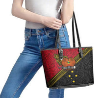 Papua New Guinea Goroka Show Leather Tote Bag Bird-of-paradise and Melanesian Tattoo Pattern LT03 - Polynesian Pride