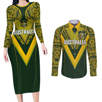 Australia Rugby Custom Couples Matching Long Sleeve Bodycon Dress and Long Sleeve Button Shirt Aboriginal Art Sporty Style - Polynesian Pride