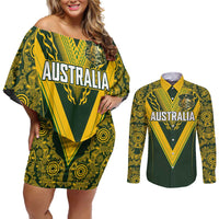 Australia Rugby Custom Couples Matching Off Shoulder Short Dress and Long Sleeve Button Shirt Aboriginal Art Sporty Style - Polynesian Pride