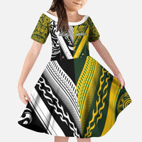 Aotearoa Australia Rugby Custom Family Matching Off Shoulder Maxi Dress and Hawaiian Shirt Maori and Aboriginal Art Sporty Style - Polynesian Pride
