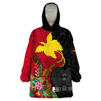 Custom Papua New Guinea Wearable Blanket Hoodie Birds Of Paradise Mix Tropical Flower Polynesian Pattern LT03 One Size Red - Polynesian Pride