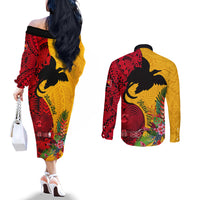 Custom Papua New Guinea Couples Matching Off The Shoulder Long Sleeve Dress and Long Sleeve Button Shirts Birds Of Paradise Mix Tropical Flower Polynesian Pattern LT03 - Polynesian Pride