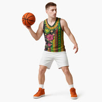 Hawaiian Independence Day Basketball Jersey Kanaka Maoli Symbols With Tapa Motifs and Tropical Plants - Polynesian Pride