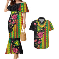Hawaiian Independence Day Couples Matching Mermaid Dress and Hawaiian Shirt Kanaka Maoli Symbols With Tapa Motifs and Tropical Plants LT03 Black - Polynesian Pride