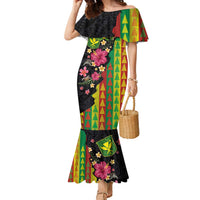 Hawaiian Independence Day Family Matching Mermaid Dress and Hawaiian Shirt Kanaka Maoli Symbols With Tapa Motifs and Tropical Plants LT03 Mom's Dress Black - Polynesian Pride