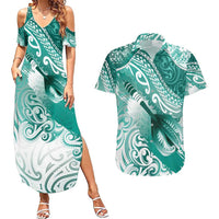 Personalised New Zealand Aotearoa Darts Masters Couples Matching Summer Maxi Dress and Hawaiian Shirt Maori Art Tattoo with Tribal Dart Symbol Teal Color - Polynesian Pride