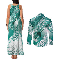 Personalised New Zealand Aotearoa Darts Masters Couples Matching Tank Maxi Dress and Long Sleeve Button Shirt Maori Art Tattoo with Tribal Dart Symbol Teal Color - Polynesian Pride