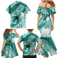 Personalised New Zealand Aotearoa Darts Masters Family Matching Mermaid Dress and Hawaiian Shirt Maori Art Tattoo with Tribal Dart Symbol Teal Color - Polynesian Pride