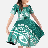 Personalised New Zealand Aotearoa Darts Masters Family Matching Off The Shoulder Long Sleeve Dress and Hawaiian Shirt Maori Art Tattoo with Tribal Dart Symbol Teal Color - Polynesian Pride