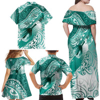 Personalised New Zealand Aotearoa Darts Masters Family Matching Off Shoulder Maxi Dress and Hawaiian Shirt Maori Art Tattoo with Tribal Dart Symbol Teal Color - Polynesian Pride