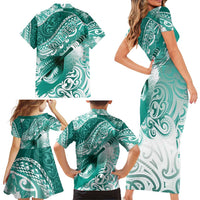 Personalised New Zealand Aotearoa Darts Masters Family Matching Short Sleeve Bodycon Dress and Hawaiian Shirt Maori Art Tattoo with Tribal Dart Symbol Teal Color - Polynesian Pride