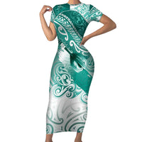 Personalised New Zealand Aotearoa Darts Masters Family Matching Short Sleeve Bodycon Dress and Hawaiian Shirt Maori Art Tattoo with Tribal Dart Symbol Teal Color - Polynesian Pride