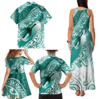 Personalised New Zealand Aotearoa Darts Masters Family Matching Tank Maxi Dress and Hawaiian Shirt Maori Art Tattoo with Tribal Dart Symbol Teal Color - Polynesian Pride
