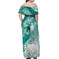Personalised New Zealand Aotearoa Darts Masters Off Shoulder Maxi Dress Maori Art Tattoo with Tribal Dart Symbol Teal Color - Polynesian Pride