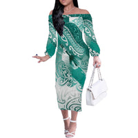 Personalised New Zealand Aotearoa Darts Masters Off The Shoulder Long Sleeve Dress Maori Art Tattoo with Tribal Dart Symbol Teal Color - Polynesian Pride
