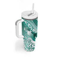 Personalised New Zealand Aotearoa Darts Masters Tumbler With Handle Maori Art Tattoo with Tribal Dart Symbol Teal Color - Polynesian Pride