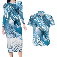 Personalised New Zealand Aotearoa Darts Masters Couples Matching Long Sleeve Bodycon Dress and Hawaiian Shirt Maori Art Tattoo with Tribal Dart Symbol Blue - Polynesian Pride