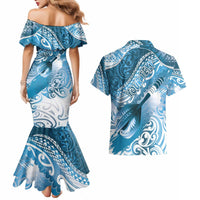 Personalised New Zealand Aotearoa Darts Masters Couples Matching Mermaid Dress and Hawaiian Shirt Maori Art Tattoo with Tribal Dart Symbol Blue - Polynesian Pride