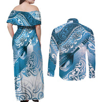 Personalised New Zealand Aotearoa Darts Masters Couples Matching Off Shoulder Maxi Dress and Long Sleeve Button Shirt Maori Art Tattoo with Tribal Dart Symbol Blue - Polynesian Pride