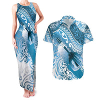 Personalised New Zealand Aotearoa Darts Masters Couples Matching Tank Maxi Dress and Hawaiian Shirt Maori Art Tattoo with Tribal Dart Symbol Blue - Polynesian Pride