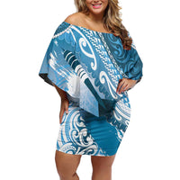 Personalised New Zealand Aotearoa Darts Masters Family Matching Off Shoulder Short Dress and Hawaiian Shirt Maori Art Tattoo with Tribal Dart Symbol Blue - Polynesian Pride
