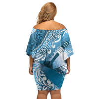 Personalised New Zealand Aotearoa Darts Masters Family Matching Off Shoulder Short Dress and Hawaiian Shirt Maori Art Tattoo with Tribal Dart Symbol Blue - Polynesian Pride