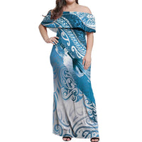 Personalised New Zealand Aotearoa Darts Masters Off Shoulder Maxi Dress Maori Art Tattoo with Tribal Dart Symbol Blue - Polynesian Pride