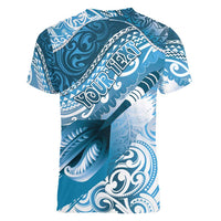 Personalised New Zealand Aotearoa Darts Masters Women V-Neck T-Shirt Maori Art Tattoo with Tribal Dart Symbol Blue - Polynesian Pride